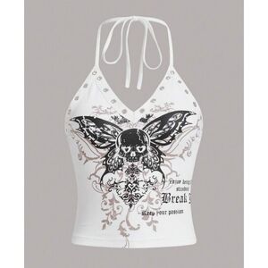 ROMWE Y2K White Skull Halter Top Goth Mall Emo Grommet Eyelet NWT Size L